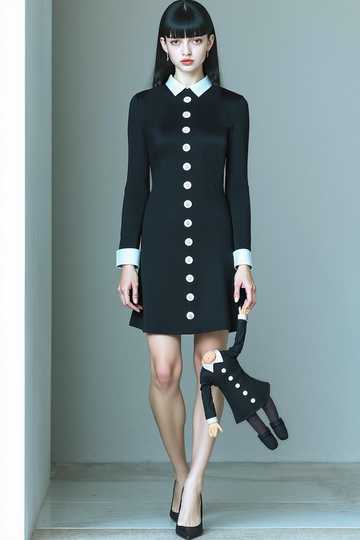 Black White Neck Collar Short Little Black Dress with Sleeves